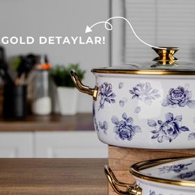 Bonera Lilium 7 Parça Mavi Gül Desenli Emaye Tencere Tava Seti