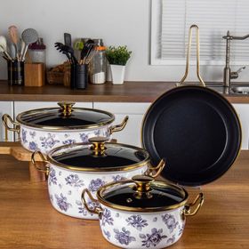 Bonera Lilium 7 Parça Mavi Gül Desenli Emaye Tencere Tava Seti