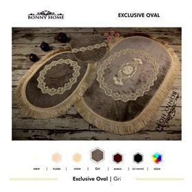 Bonny Home 3'lü Gri Exclusive Oval Püsküllü Klozet Takımı ve Banyo Halısı