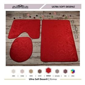 Bonny Home 3'lü Kırmızı Ultrasoft Desenli Klozet ve Banyo Halısı