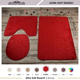 Bonny Home 3'lü Kırmızı Ultrasoft Desenli Klozet ve Banyo Halısı