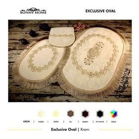 Bonny Home 3'lü Krem Exclusive Oval Püsküllü Klozet Takımı ve Banyo Halısı Paspası