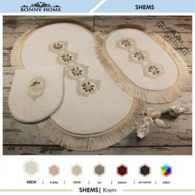Bonny Home 3'lü Krem Shems Dantelli ve Saçaklı Klozet ve Banyo Halısı