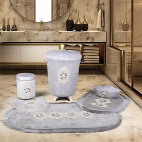 Bonny Home Shems Gri 6 Parça Dantelli Kirli Çamaşır Sepeti + Banyo Paspası Seti