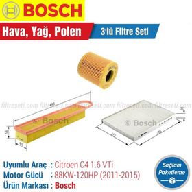 Bosch Citroen C4 1.6 VTi 2011 2015 Filtre Bakım Seti