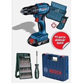 Bosch Gsb 185 LI Tek Akülü Kömürsüz Darbeli Matkap Vidalama Şarjlı Matkap ve 46 Parça Tornavida Seti