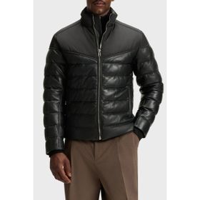 Boss 50547672 Siyah Deri Dik Yaka Kapitoneli Şişme Erkek Mont