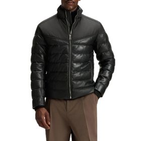 Boss 50547672 Siyah Deri Dik Yaka Kapitoneli Şişme Erkek Mont