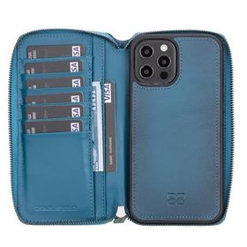 Bouletta BRN4EF Apple iPhone 12 Pro Max Deri Zip Mavi Cep Telefonu Kılıfı