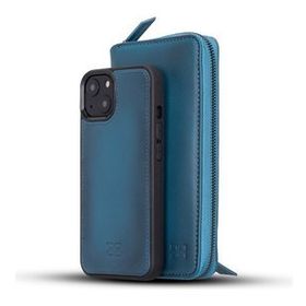 Bouletta BRN4EF Mavi Apple iPhone 13 Uyumlu Deri Fermuarlı Cüzdan Kılıf