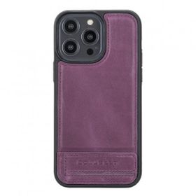 Bouletta CZ7 Apple iPhone 14 Pro Max Deri Standlı Mor Cep Telefonu Arka Kapak