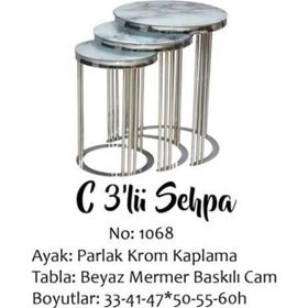 Brc Eko C 13382 3'lü Beyaz Mermer Desen Metal Parlak Krom Ayak El Yapı Zigon Sehpa