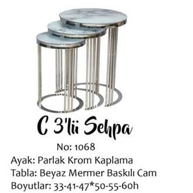 Brc Eko C 13382 3'lü Beyaz Mermer Desen Metal Parlak Krom Ayak El Yapı Zigon Sehpa