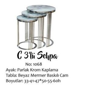 Brc Eko C 13382 3'lü Beyaz Mermer Desen Metal Parlak Krom Ayak El Yapı Zigon Sehpa