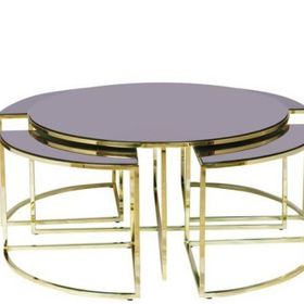 Brc Yonca 17547 Düz Siyah Temper Cam Metal Çelik Gold Kaplama El Yapım Zigon Orta Sehpa