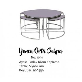 Brc Yonca 17548 Düz Siyah Temper Cam Metal Gümüş Renk Kaplama El Yapım Zigon Orta Sehpa