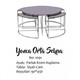 Brc Yonca 17548 Düz Siyah Temper Cam Metal Gümüş Renk Kaplama El Yapım Zigon Orta Sehpa