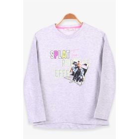 Breeze Açık Gri Melanj 8-14 Yaş Uzun Kollu Baskılı Taşlı Kız Çocuk T-shirt