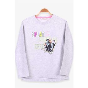 Breeze Açık Gri Melanj 8-14 Yaş Uzun Kollu Baskılı Taşlı Kız Çocuk T-shirt