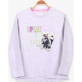 Breeze Açık Gri Melanj 8-14 Yaş Uzun Kollu Baskılı Taşlı Kız Çocuk T-shirt