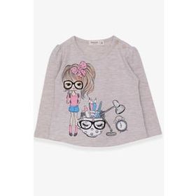 Breeze Bej Melanj 1-4 Yaş Uzun Kollu Ressam Baskılı Kız Çocuk T-shirt