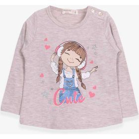 Breeze Bej Melanj 1-4 Yaş Uzun Kollu Sevimli Baskılı Kız Çocuk T-shirt