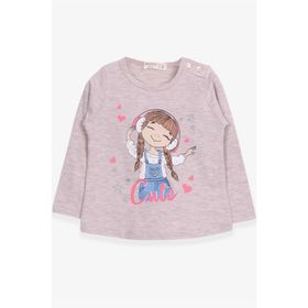 Breeze Bej Melanj 1-4 Yaş Uzun Kollu Sevimli Baskılı Kız Çocuk T-shirt