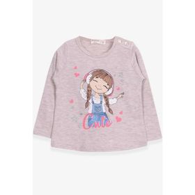 Breeze Bej Melanj 1-4 Yaş Uzun Kollu Sevimli Baskılı Kız Çocuk T-shirt