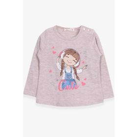 Breeze Bej Melanj 1-4 Yaş Uzun Kollu Sevimli Baskılı Kız Çocuk T-shirt