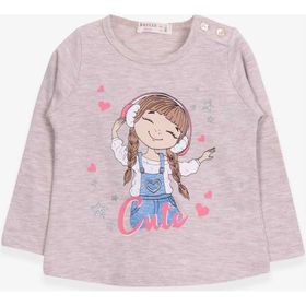 Breeze Bej Melanj 1-4 Yaş Uzun Kollu Sevimli Baskılı Kız Çocuk T-shirt