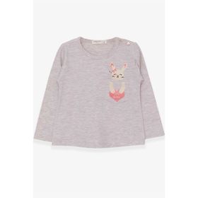 Breeze Bej Melanj 1.5-5 Yaş Uzun Kollu Cepli Tavşancık Baskılı Kız Çocuk T-shirt