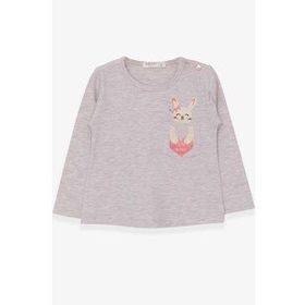 Breeze Bej Melanj 1.5-5 Yaş Uzun Kollu Cepli Tavşancık Baskılı Kız Çocuk T-shirt