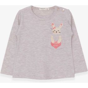 Breeze Bej Melanj 1.5-5 Yaş Uzun Kollu Cepli Tavşancık Baskılı Kız Çocuk T-shirt