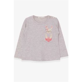 Breeze Bej Melanj 1.5-5 Yaş Uzun Kollu Cepli Tavşancık Baskılı Kız Çocuk T-shirt