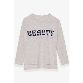 Breeze Bej Melanj 10-16 Yaş Uzun Kollu Taşlı Yazı Baskılı Kız Çocuk T-shirt