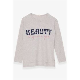 Breeze Bej Melanj 10-16 Yaş Uzun Kollu Taşlı Yazı Baskılı Kız Çocuk T-shirt