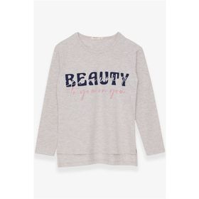 Breeze Bej Melanj 10-16 Yaş Uzun Kollu Taşlı Yazı Baskılı Kız Çocuk T-shirt