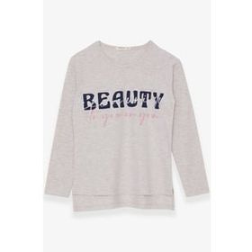 Breeze Bej Melanj 10-16 Yaş Uzun Kollu Taşlı Yazı Baskılı Kız Çocuk T-shirt