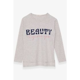 Breeze Bej Melanj 10-16 Yaş Uzun Kollu Taşlı Yazı Baskılı Kız Çocuk T-shirt