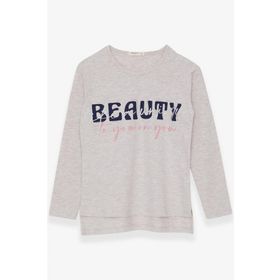 Breeze Bej Melanj 10-16 Yaş Uzun Kollu Taşlı Yazı Baskılı Kız Çocuk T-shirt