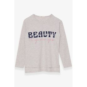 Breeze Bej Melanj 10-16 Yaş Uzun Kollu Taşlı Yazı Baskılı Kız Çocuk T-shirt