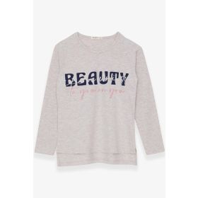 Breeze Bej Melanj 10-16 Yaş Uzun Kollu Taşlı Yazı Baskılı Kız Çocuk T-shirt