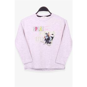 Breeze Bej Melanj 8-14 Yaş Uzun Kollu Baskılı Taşlı Kız Çocuk T-shirt