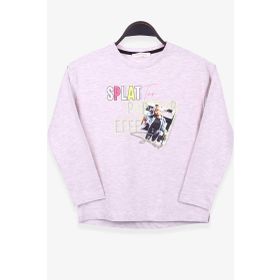 Breeze Bej Melanj 8-14 Yaş Uzun Kollu Baskılı Taşlı Kız Çocuk T-shirt