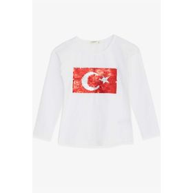 Breeze Beyaz 4-14 Yaş Uzun Kollu Pullu Ay Yıldız Kız Çocuk T-shirt