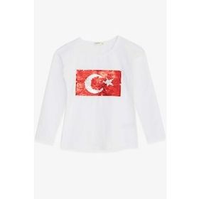 Breeze Beyaz 4-14 Yaş Uzun Kollu Pullu Ay Yıldız Kız Çocuk T-shirt