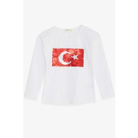 Breeze Beyaz 4-14 Yaş Uzun Kollu Pullu Ay Yıldız Kız Çocuk T-shirt