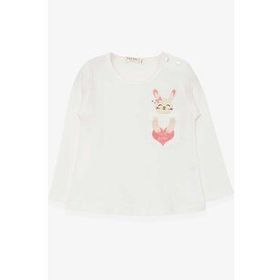 Breeze Ekru 1.5-5 Yaş Uzun Kollu Cepli Tavşancık Baskılı Kız Çocuk T-shirt