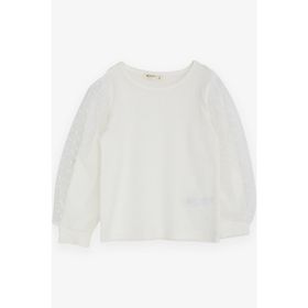 Breeze Ekru 3-7 Yaş Kolları Tül Detaylı Kız Çocuk T-shirt