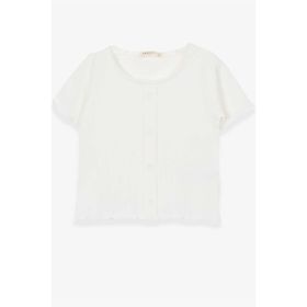 Breeze Ekru 8-14 Yaş Düğme Aksesuarlı Kız Çocuk T-shirt
